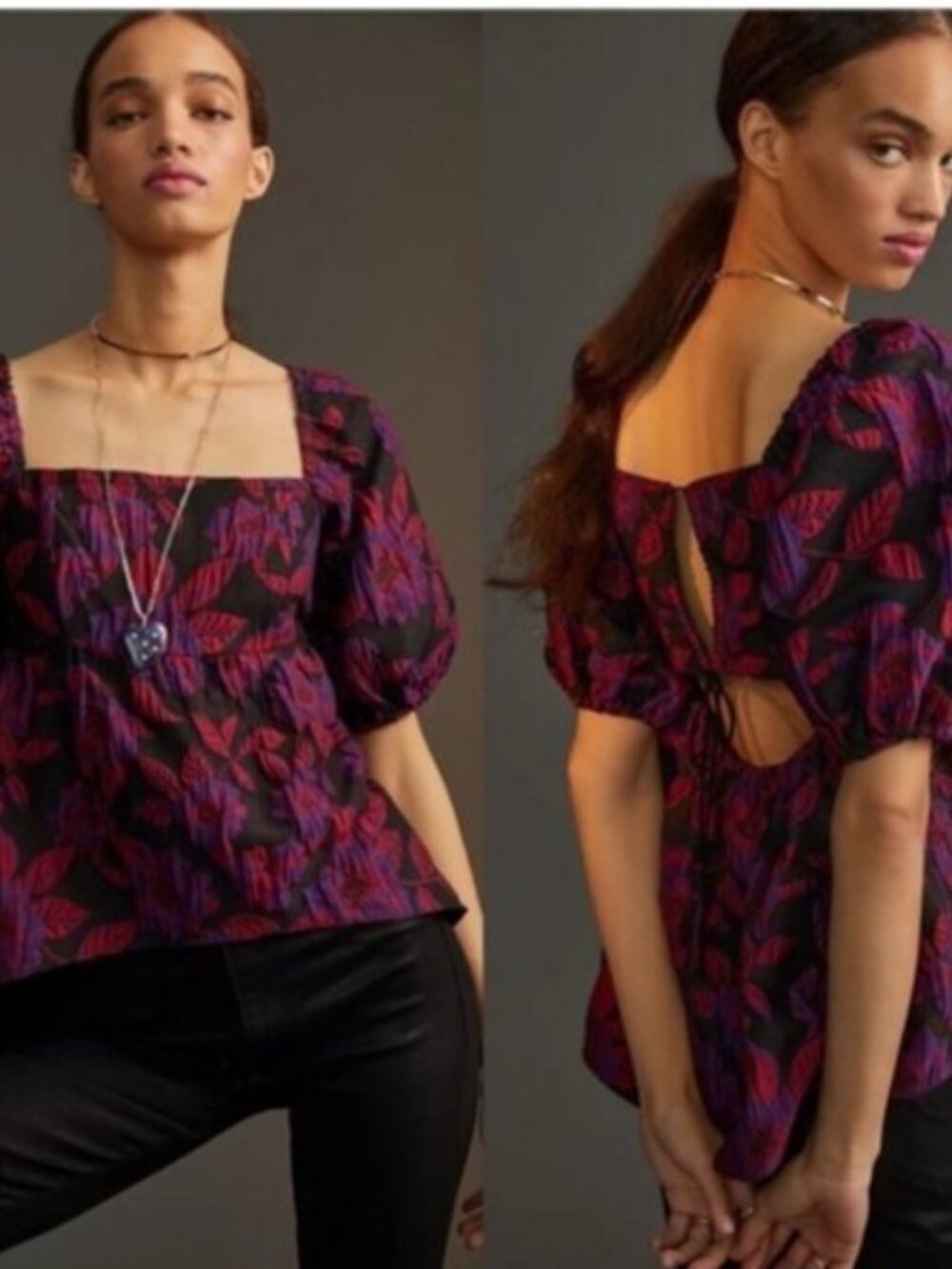 Anthropologie Purple Floral Jacquard  Peplum Short Puf Sleeve Blouse Sz 6